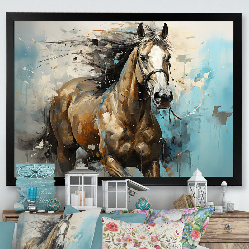 Cheval galopant fantaisiste - cheval, art mural, H 24 po x l 32 po x P 1 po, Cadre simple noir