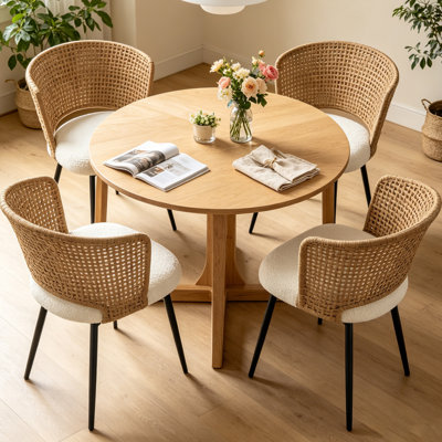 Rattan Dining Chairs Set of 4, Boho PE Rattan Kitchen Chair with Teddy Fleece Cushion & Black Metal Legs, Cozy Fall & Holiday Seating for Thanksgiving Christmas Dining Room (Brown)