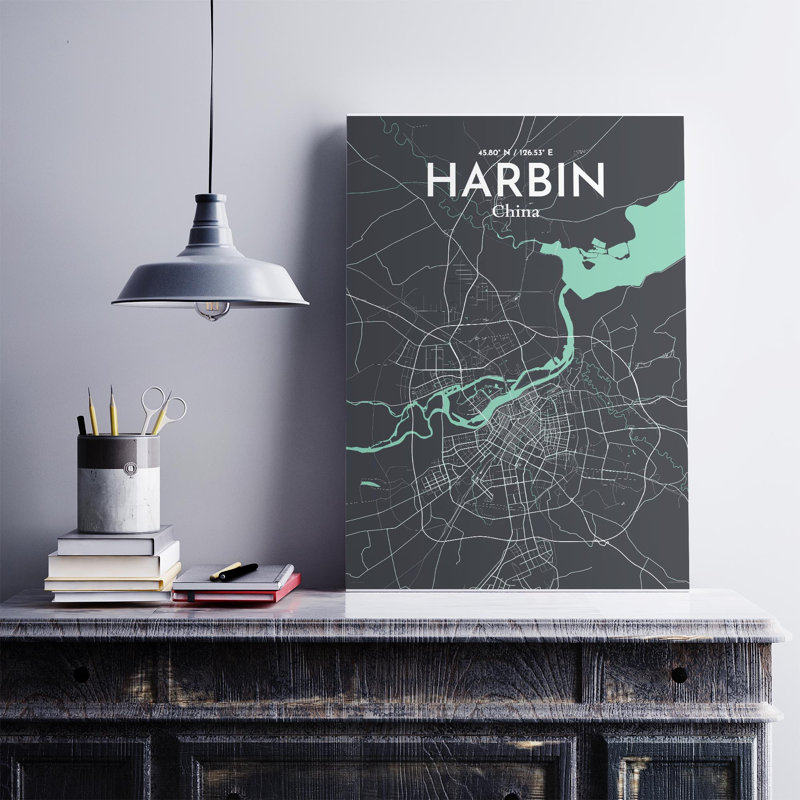 «Harbin City Map», impression, Vert / gris, H 27,6 po x l 19,7 po