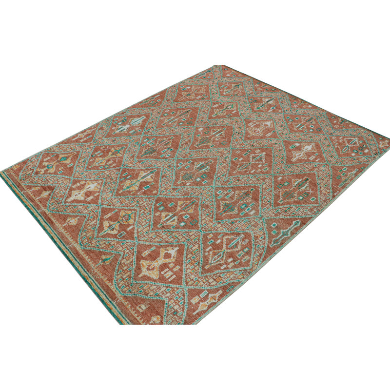 Moroccan Hand Knotted Geometric Area Rug in Red, Green, Orange, Teal, Rectangle 5' x 7'