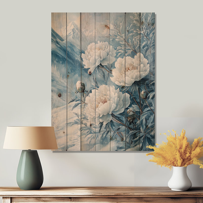 Neige pivoines dans le paysage hivernal III - Art mural en bois pivoines - sur bois de pin naturel