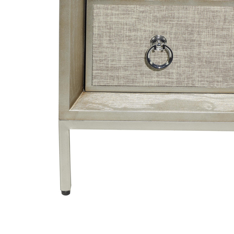 Beige Upholstered 3 Drawer Chest with Mirrored Top and Ring Handles