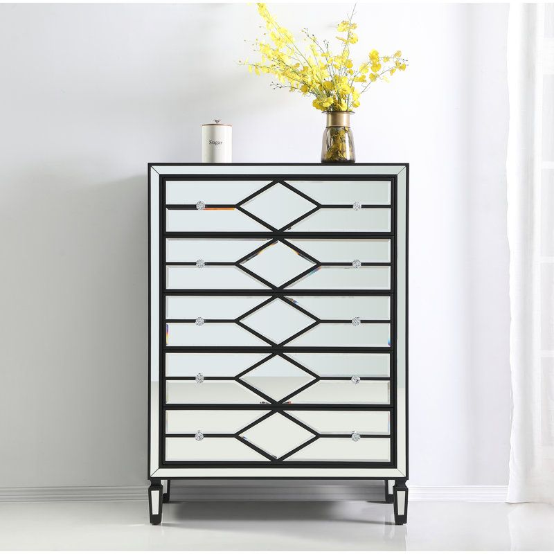 Bashaw 36" W 5-Drawer Mirrored Dresser, Black