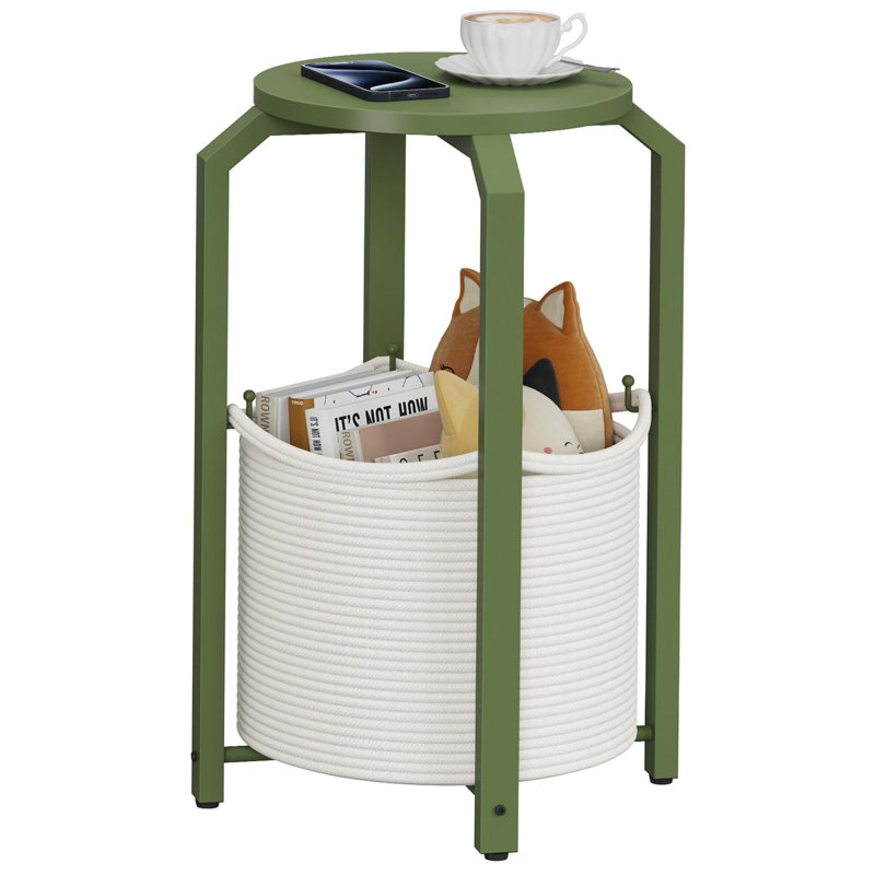 Small Side Table, Round End Table, Night Stand, Bedside Table, Sofa Table With Storage Basket, Living Room, Bed Room, Olive Green