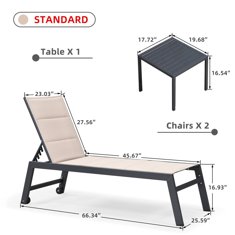 Chaise longue inclinable 66,15 po avec table, Beige
