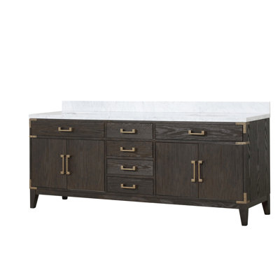 84 In. W Brown Oak Bath Vanity Marble - Solid Wood Build, Soft Close, 2 Cabinets, 4 Drawers & Bathroom Storage Bundle Furniture