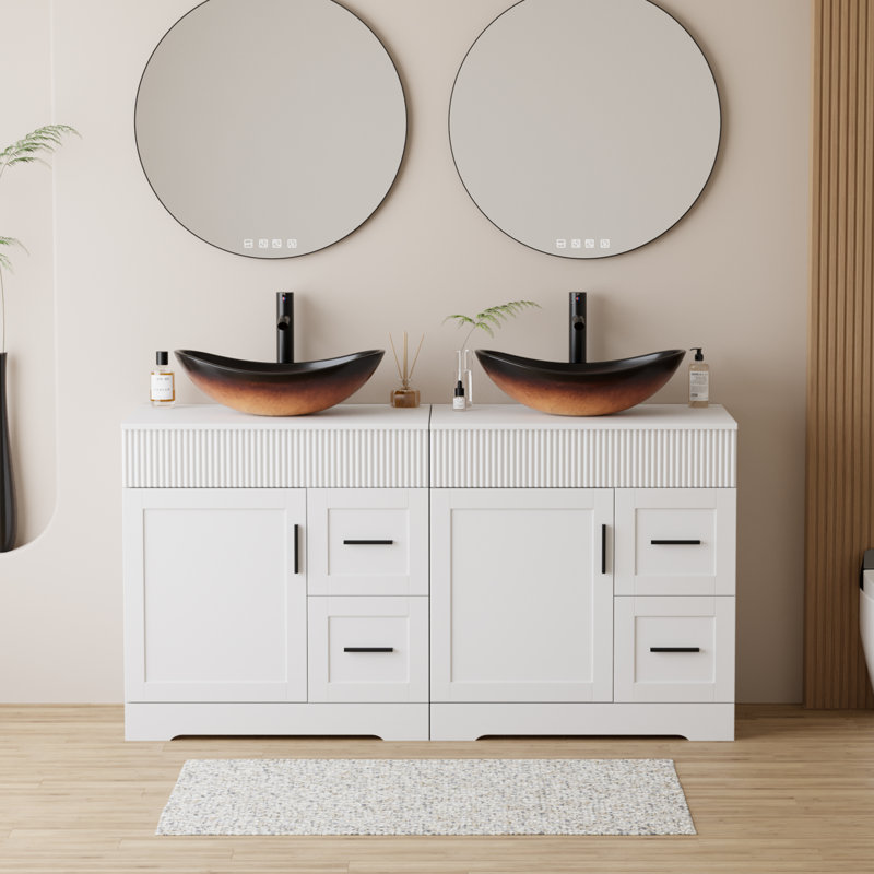 Ensemble de meuble-lavabo autoportant à double cuve 60 po avec plateau en bois manufacturé, lavabo vasque, robinet et drain Ghage, peint à la main résistant à l'eau