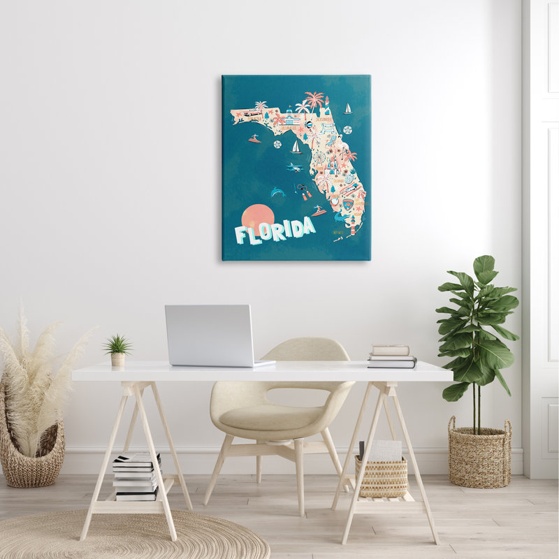 «Florida Sunny State Retro Holiday Holiday Vivid Map Super Surdimensionné», art mural sur toile par Ziwei Li, Toile tendue