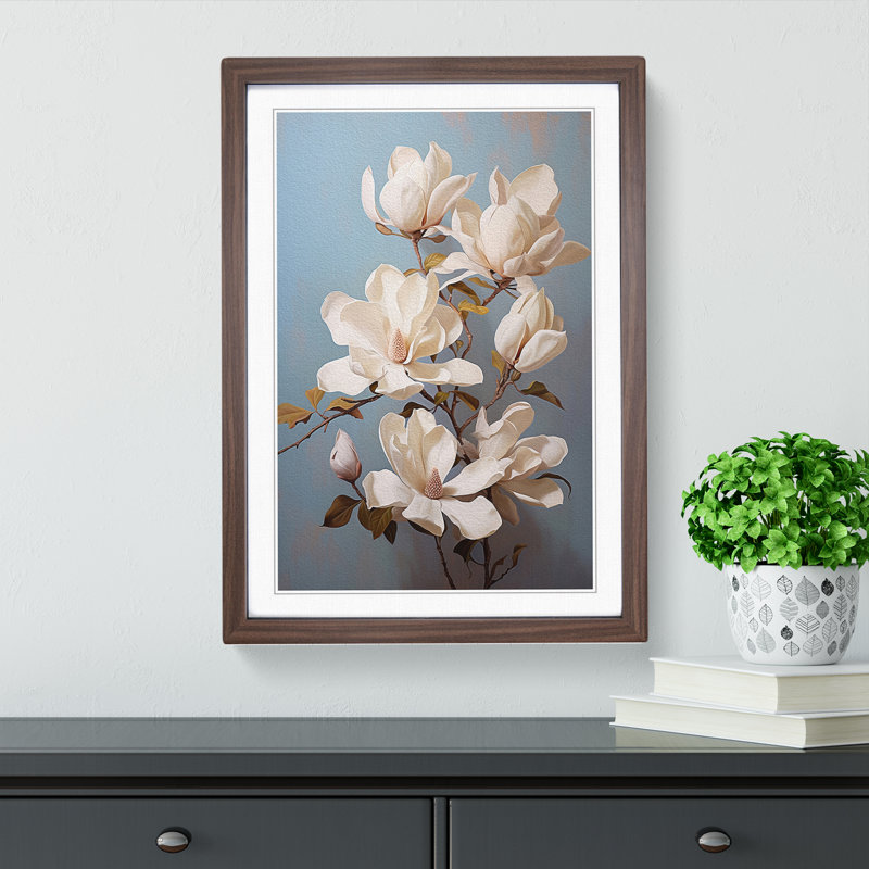 Magnolia Flower Romanticism No.2 - Single Picture Frame Print on Wood, Walnut Framed, 46cm H x 34cm W x 2cm D
