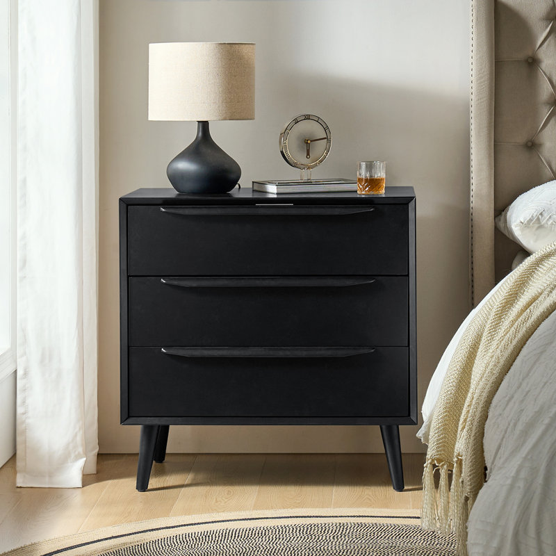 Commode d'appoint Mid-Century moderne à 3 tiroirs avec prise de courant Aviannah, Noir