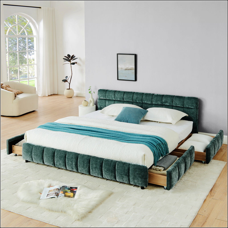Très grand lit tapissier, Bleu / Vert, Très grand