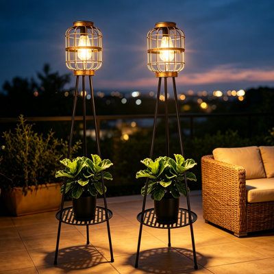Lampadaires solaires à trépied d'extérieur avec tablette pour plantes