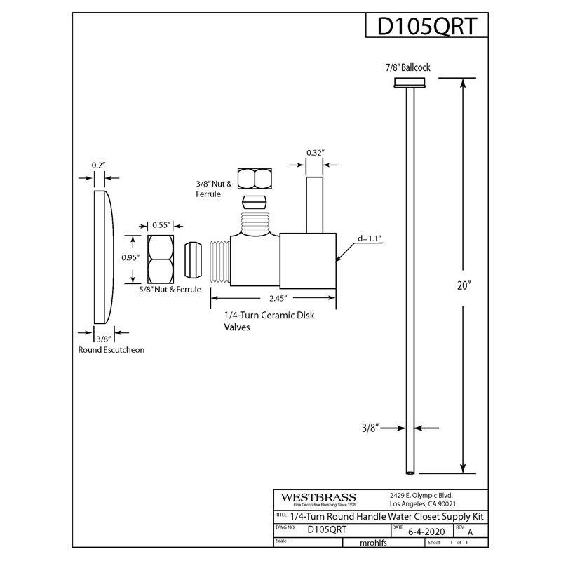 5/8" x 3/8" OD x 20" Flat Head Toilet Supply Line Kit with Square Handle 1/4-Turn Angle Stop, Polished Brass