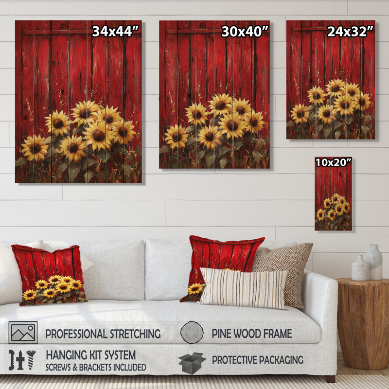 Sunflowers And The Red Barn I - Sunflowers Wood Print - On Natural Pine Wood, 44" H x 34" W x 0.78" D