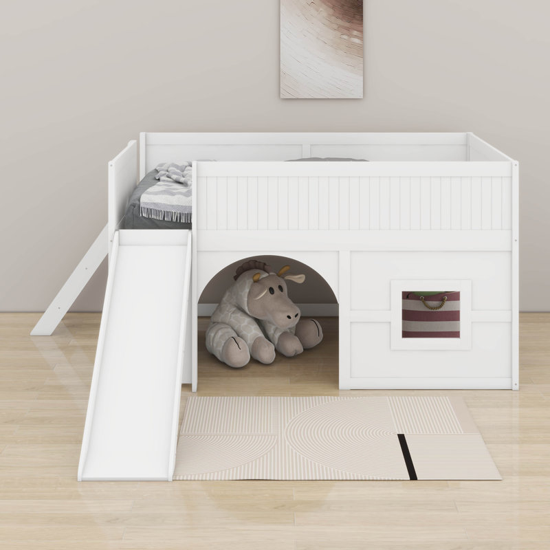 Wooden Low Loft Bed With Storage Shelves And Slide, Door And Window, Wooden Low Loft Bed, White