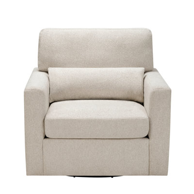 360-Degree Swivel Seating Chair With Beige Boucle Upholstery, Solid Wood Upholstered Chair, Frame For Offices