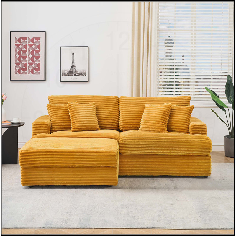 Canapé 88,58 pouces en velours côtelé orange avec un seul pied de rangement et quatre coussins, doux et élégant pour une détente confortable