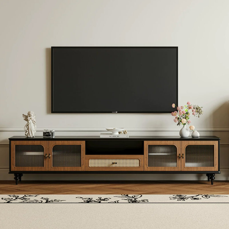 Meuble télé rétro en bois manufacturé noir, H 21,65 po x L 86,61 po x l 15,75 po