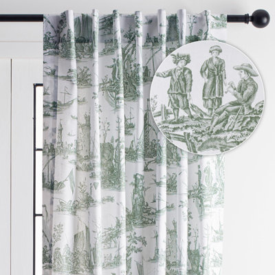 Maison d' Hermine Curtains for living room 100% Cotton 124 inch length One Panel Light Filtering Toile Curtains with rod and loop Pockets (Calais Antique Green (White Background), 50"W x 124"L)
