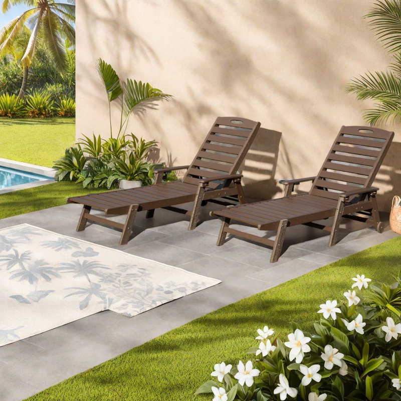Adjustable Patio Chaise Lounges, Hdpe Modern Poolside Set Of 2 Brown