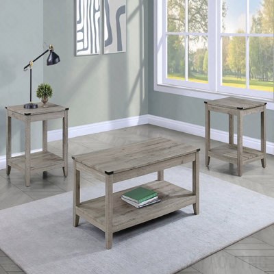 Rustique gris brun 3 pièces ensemble de table basse en bois Table basse rectangulaire et deux tables de bout carrées assorties