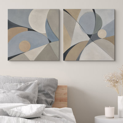 Neutral Blue Beige Geometric Abstract Shapes With Modern Style Framed Canvas Master Bedroom Wall Art Work 2 Pieces Print Set