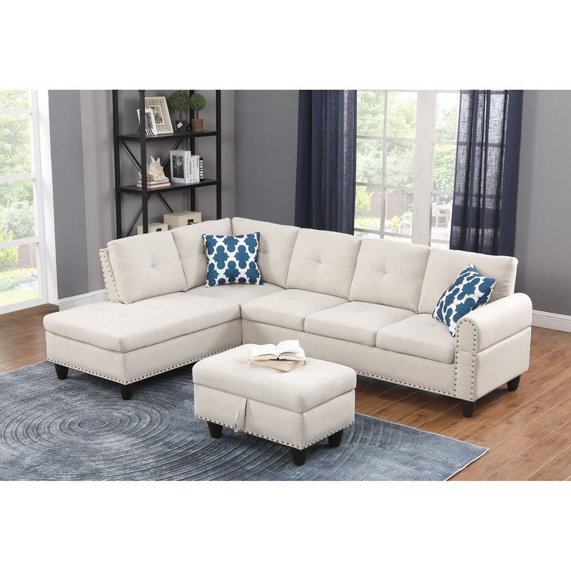 Canapé modulaire à méridienne rembourré en mousse beige - 98 po de largeur, de style lin, avec une large ouverture vers la gauche et avec. En beige. Coussins. Look moderne. 71 po x 33 po. 176,66 lb