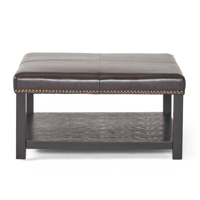 Large Square Ottoman Bench, Faux Leather Coffee Table Ottoman With Rack & Solid Wood Legs, Oversized Ottoman For Living Room