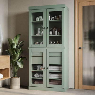 32" W x 71.5" H 100% Solid Wood Freestanding Bathroom Storage Cabinet with Clear Glass Doors, 2 Drawers & Adjustable Shelves – Modern Bathroom Organizer