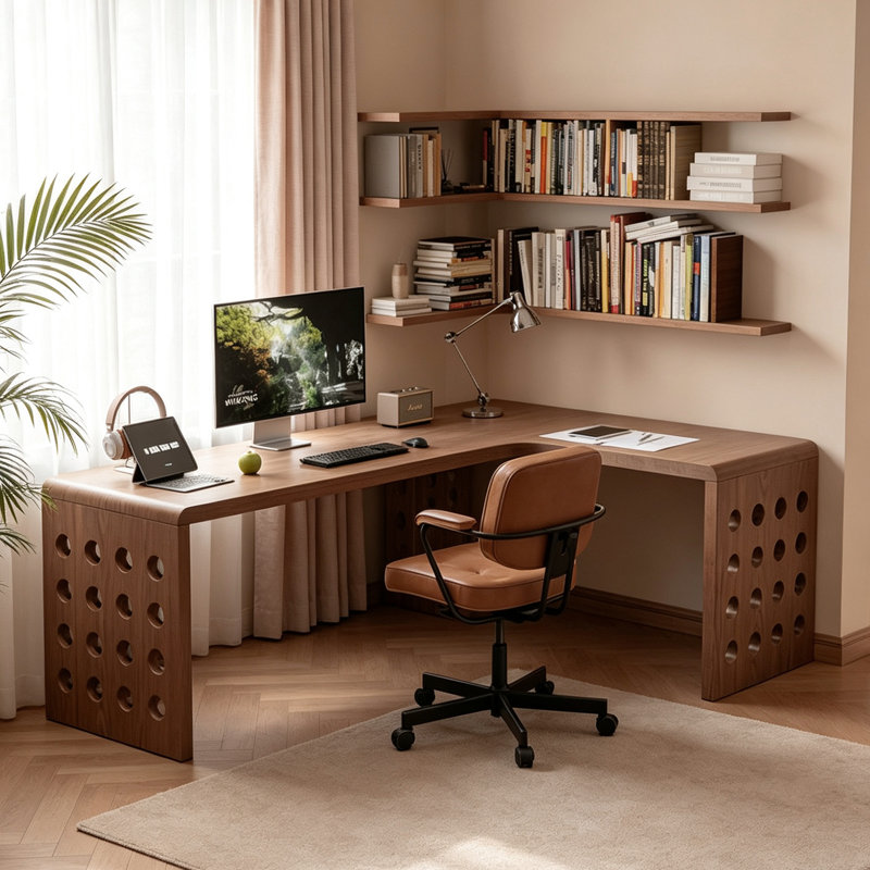 Bureau d'écriture rétro marron en forme de L en bois massif, H 29,52 po x l 55,11 po x P 47,24 po