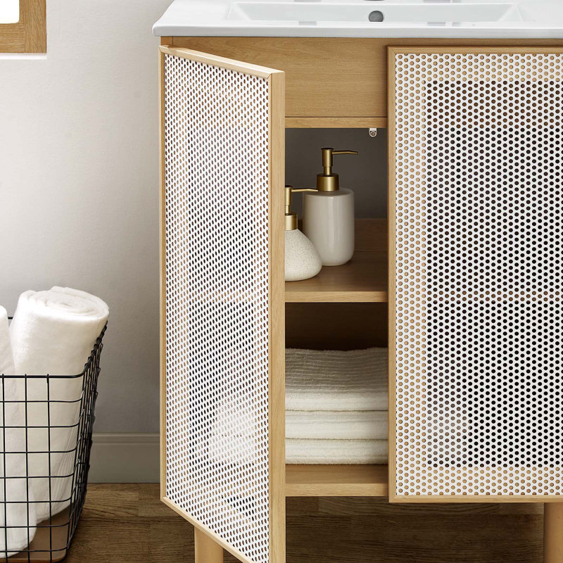Calla 24" Perforated Metal Bathroom Vanity, Oak, White