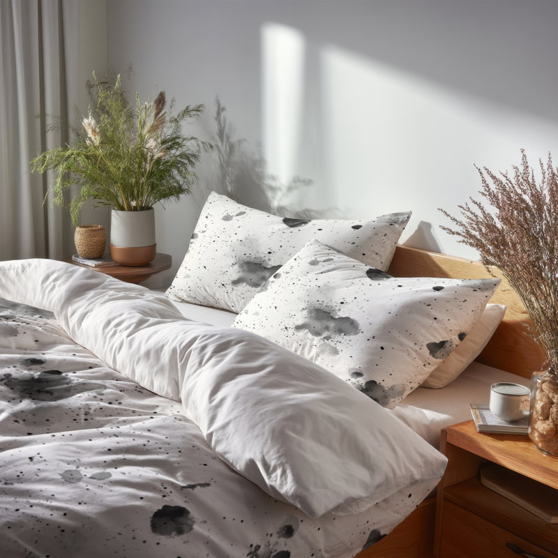 Ensemble de literie abstraite 3 pièces - Ensemble de housse de couette et de coussins modernes à encre noire et blanche