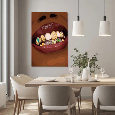 2D Flat, 1Pc Framed Canvas Wall Art, Braces Art, Gold and Diamond Teeth, Cartoon Surrealism Style Art Print Canvas Poster Painting Room Wall Decor, Ideal Gift, Ready To Hang