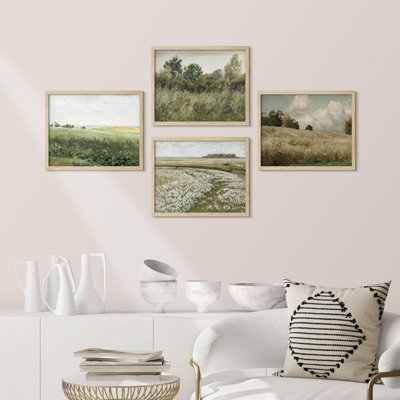 Green Meadow Countryside Landscape, impression sur papier, 4 pièces