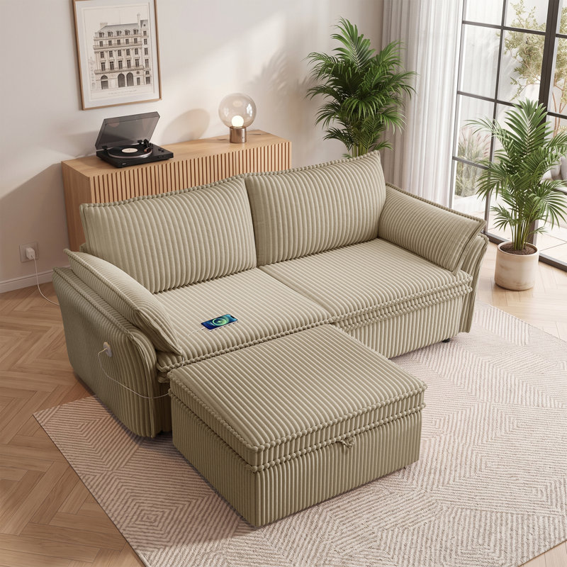 85" Wide Corduroy Convertible Sofa Bed 2 In 1 Full Size Pull Out Sleeper Couch With Removable Storage Ottoman & Charging Station & Adjustable Backrest