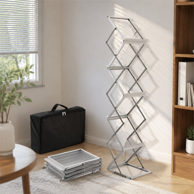 Présentoir à magazines pliable double face en alliage d'aluminium argenté à 6 poches, portable, pour expositions/hôtels.