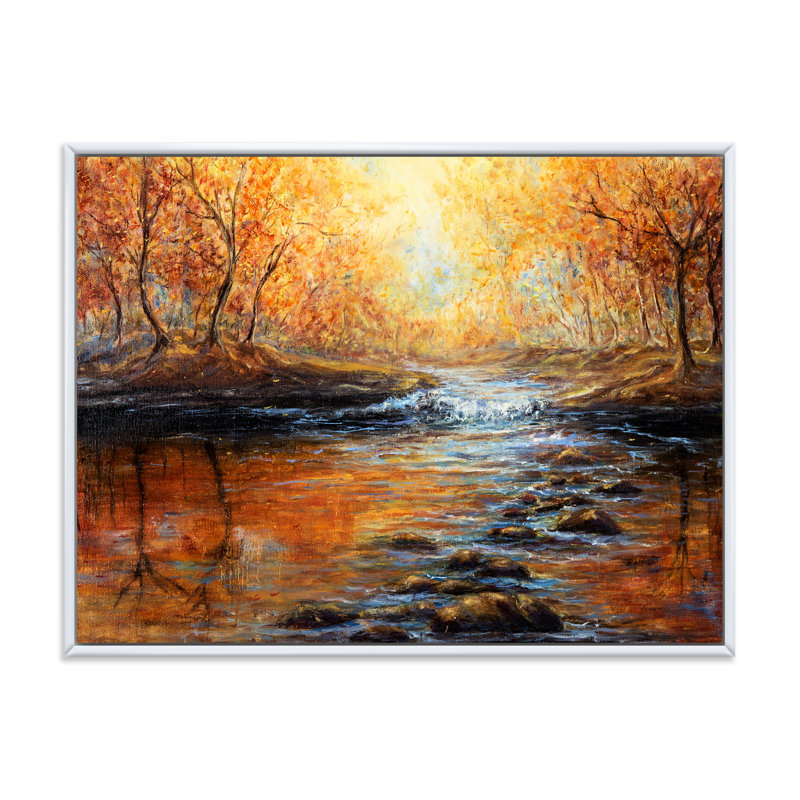 Lumière matinale dans la forêt d'automne - Peinture sur toile, H 12 po x l 20 po x p 1 po, Cadre flottant blanc