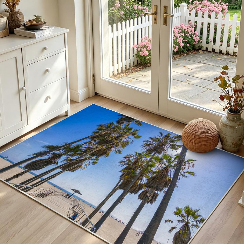 Tapis bleu lavable à la machine bleu Venice Beach Santa California, Rectangle 55 po x 79 po