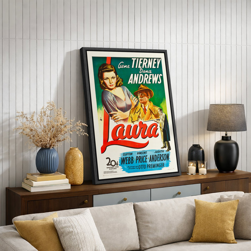 Classic Film Noir Mystery Movie Poster Artwork, Laura Pictures, Framed Canvas Giclee Print Wall Art, 24" H x 16" W x 1.5" D