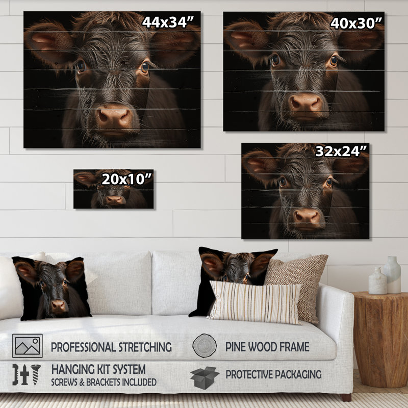 Portrait de vache - impression sans cadre sur bois, H 24 po x l 32 po x P 0,78 po