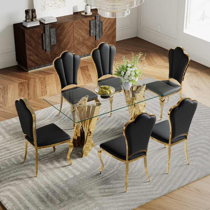 7-Piece Modern Dining Set – 70" Glass Dining Table With Stainless Steel Base & 6 Faux Leather Shell-Back Chairs, Gold/Black