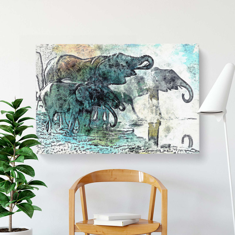 Elephants At The Waterhole In Abstract - Wrapped Canvas, 35cm H x 50cm W x 3cm D
