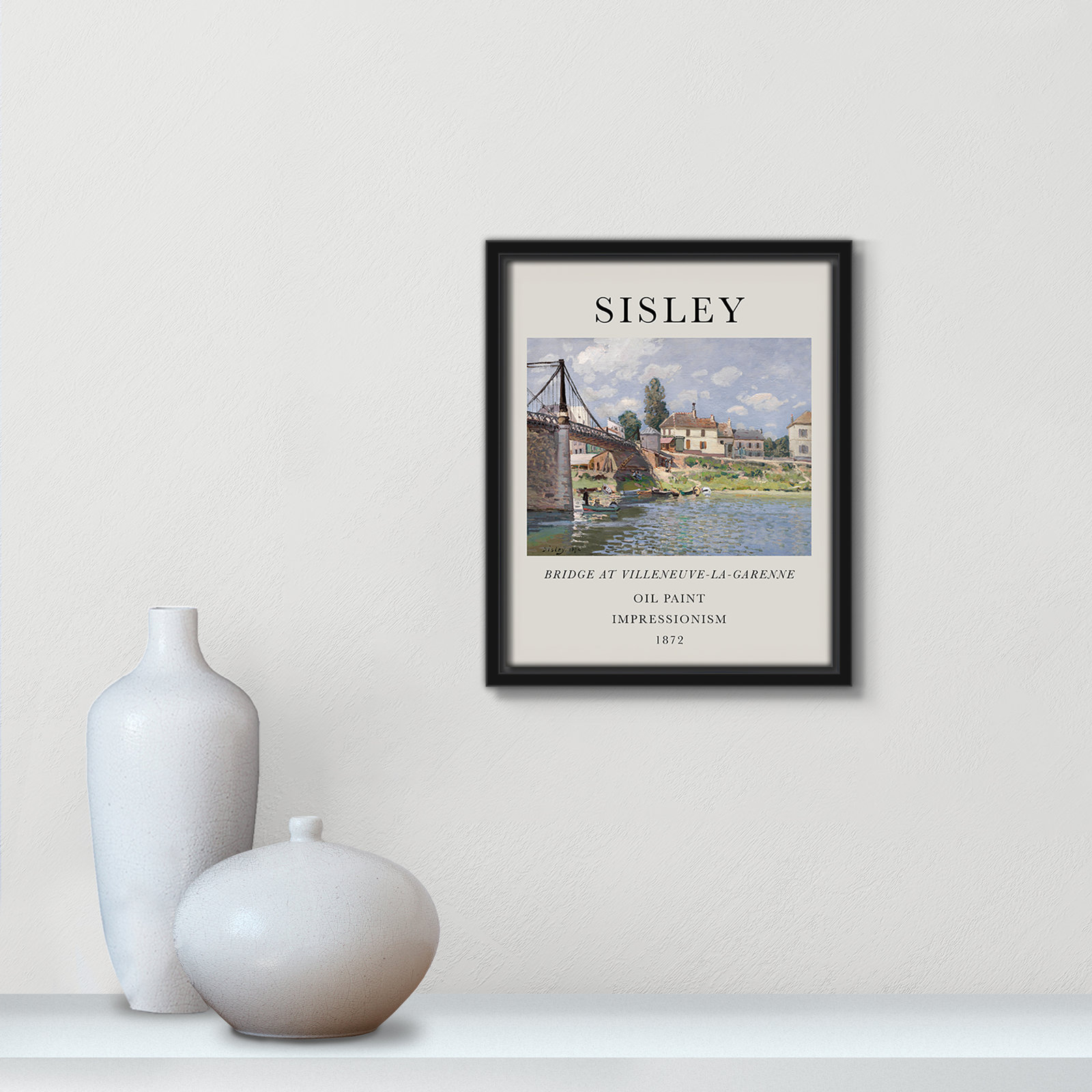 Old Masters Collection " The Bridge At Villeneuve " by Alfred Sisley, No, 11.5" H x 9.5" W x 2" D, Black Floater Frame