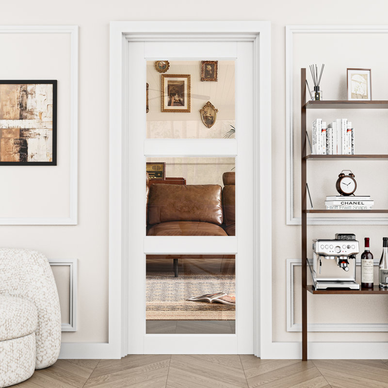 Slab Door 3 Panel Clear Glass Interior Pantry  Door With Jamb And Seal-Strip, 18" x 80", Left, White/Black
