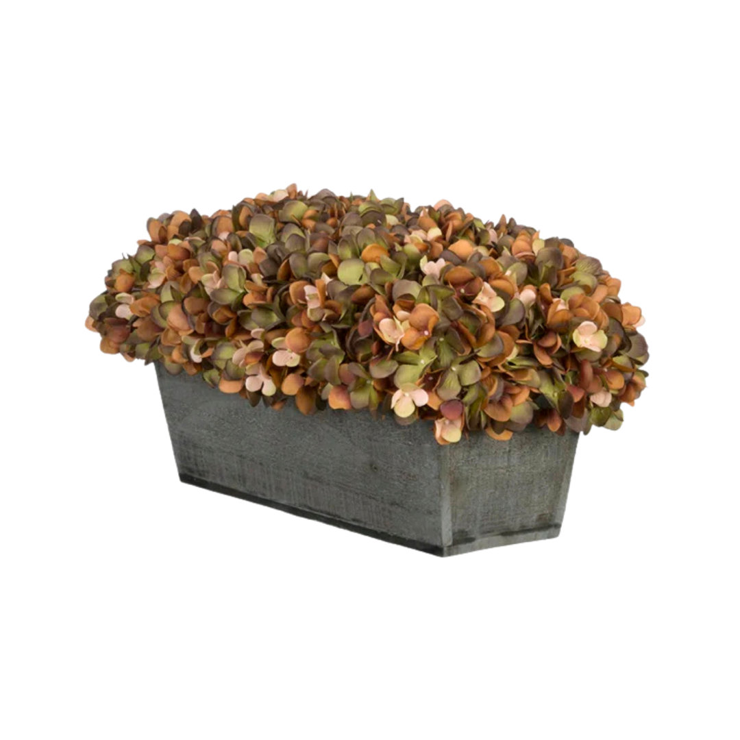 Synthetic Fabric Hydrangea Arrangement in Planter Primrue Flower Color: Coffee/Sage, Base Color: Black