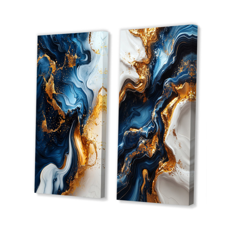 Géode abstraite, ensemble de 2 pièces d'art mural en marbre doré et bleu I, H 32 po x l 32 po, Toile tendue sur cadre