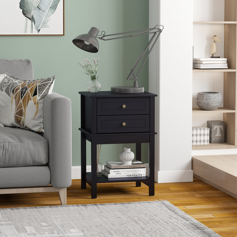 Side Table With 2 Storage Drawers, Modern End Table With Bottom Shelf