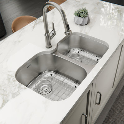 Karran Profile 31 inch Undermount 18 Gauge Double Offset Bowl Stainless Steel Kitchen Sink with Accessories