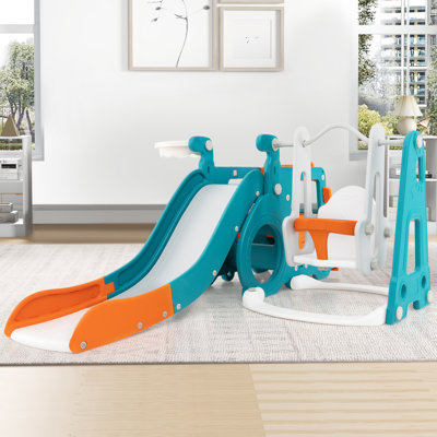 Toddler Slide Set Freestanding Slide Themed Baby Slide With Basketball Hoop & Swing