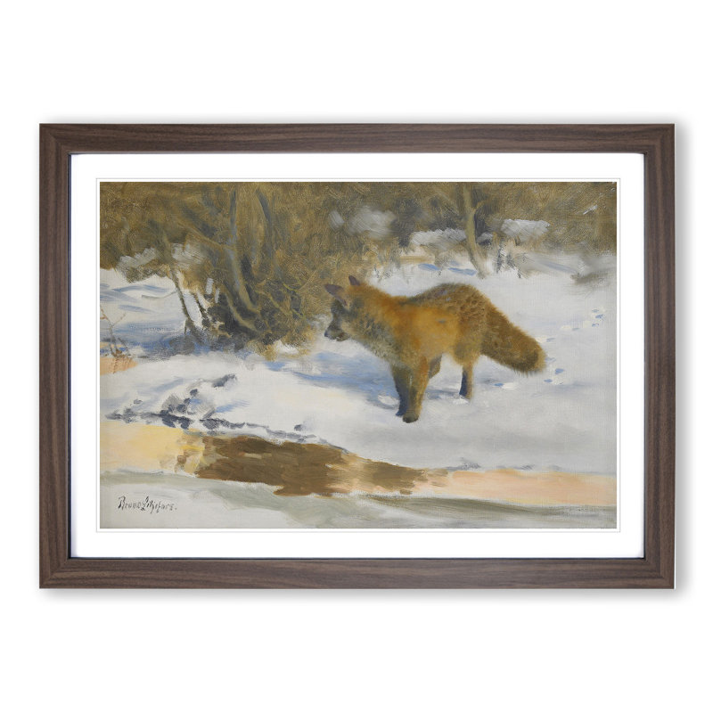 Fox in the Snow Vol.6 by Bruno Liljefors - Picture Frame Painting, 27cm H x 36cm W x 2cm D, Walnut Framed